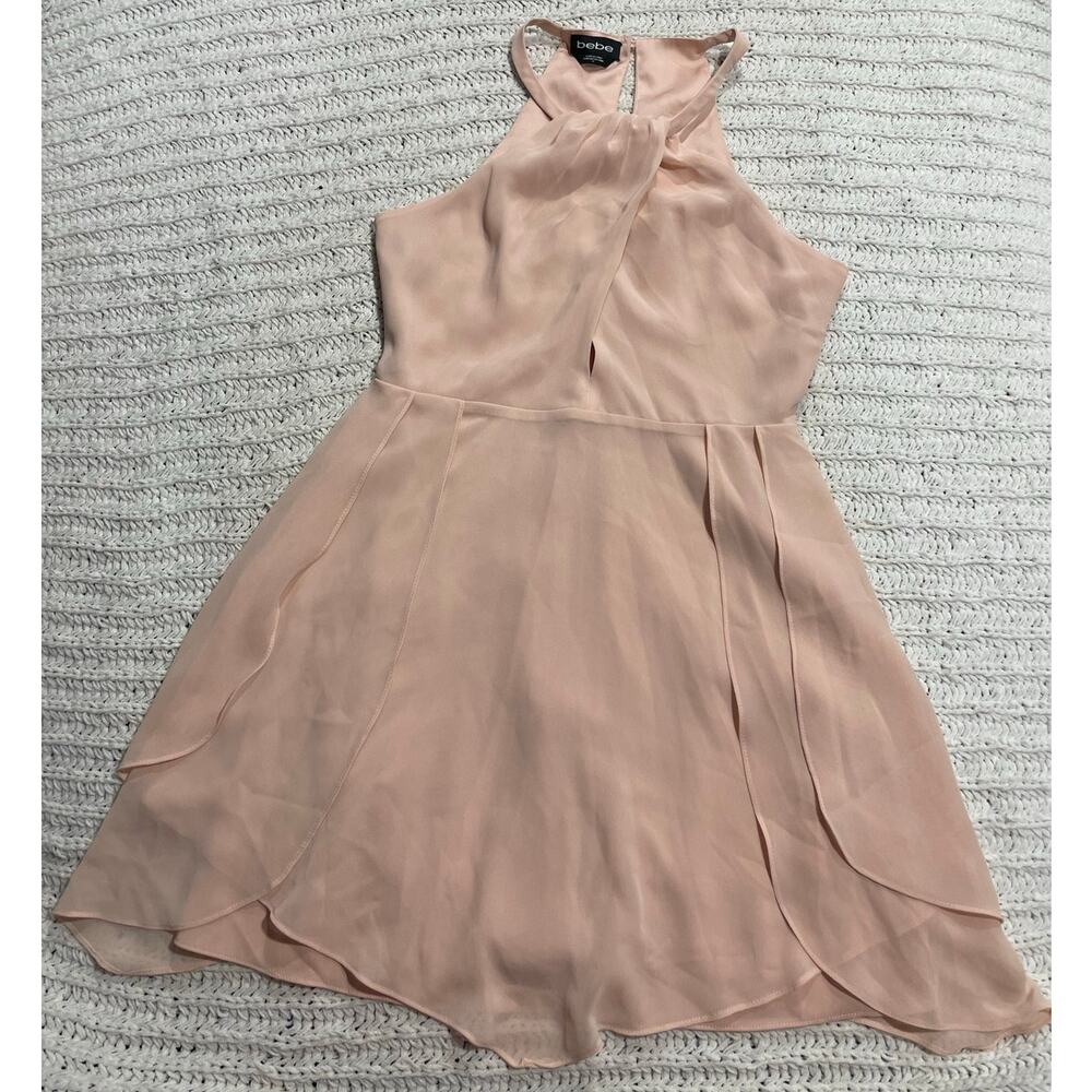 Bebe A-Line Cocktail Mini Dress Criss Cross Halter Womens Size 4 Peach Coquette